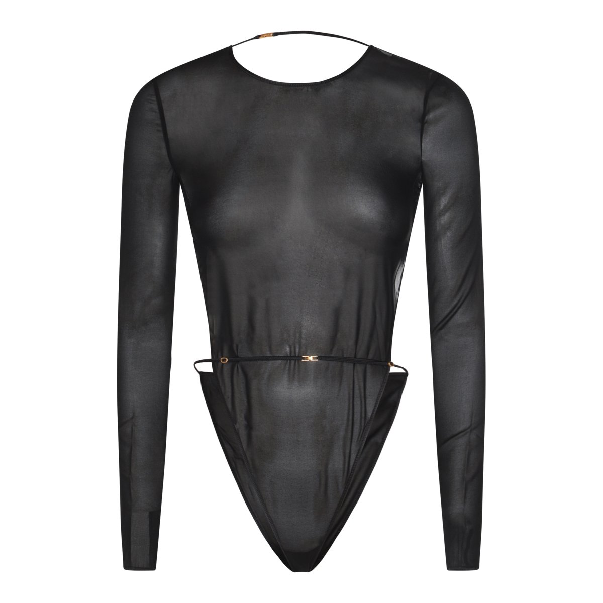 Saint Laurent Sheer Black Silk Bodysuit With Open Back And Gold Details Zwart