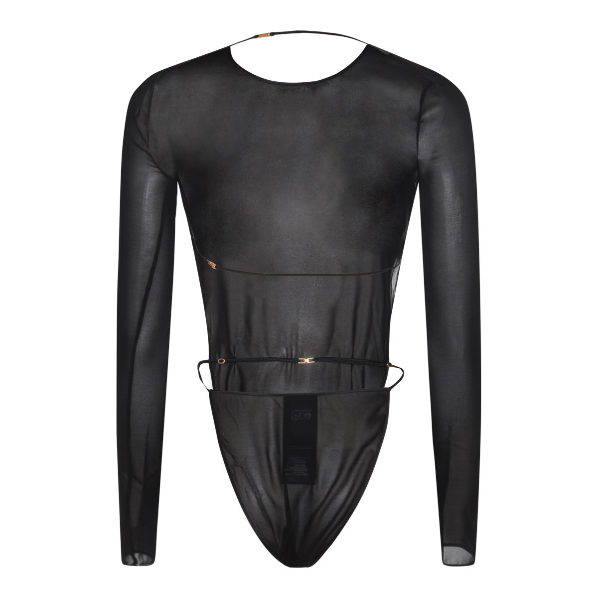 Saint Laurent Sheer Black Silk Bodysuit With Open Back And Gold Details Zwart