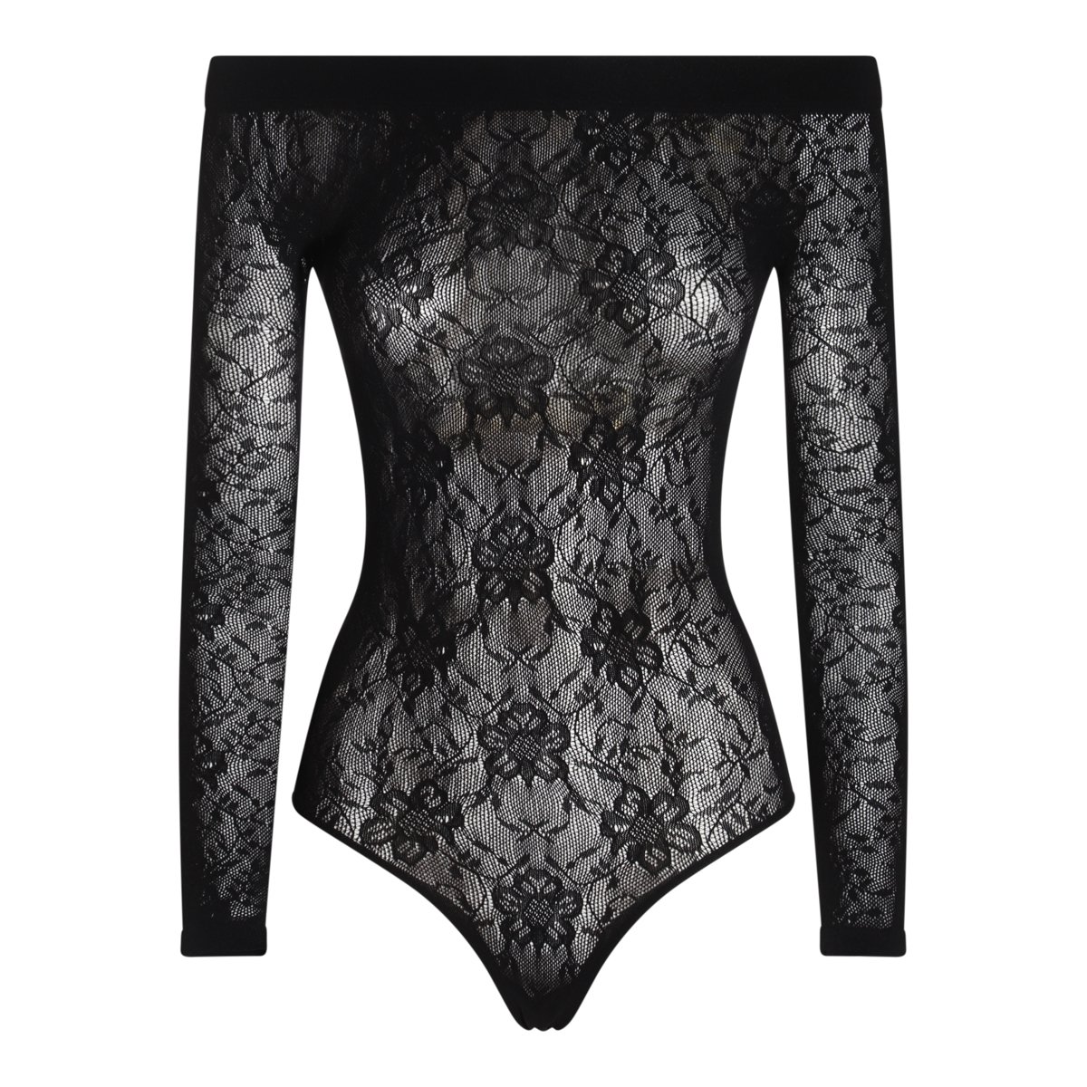 Saint Laurent Sheer Lace Bodysuit With Off-The-Shoulder Design Grijs