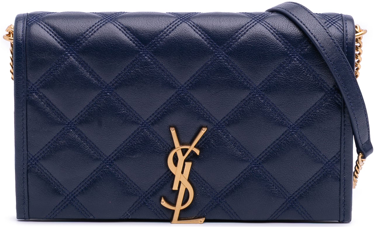 Saint Laurent Quilted Diamond Lambskin Becky Wallet on Chain Blauw