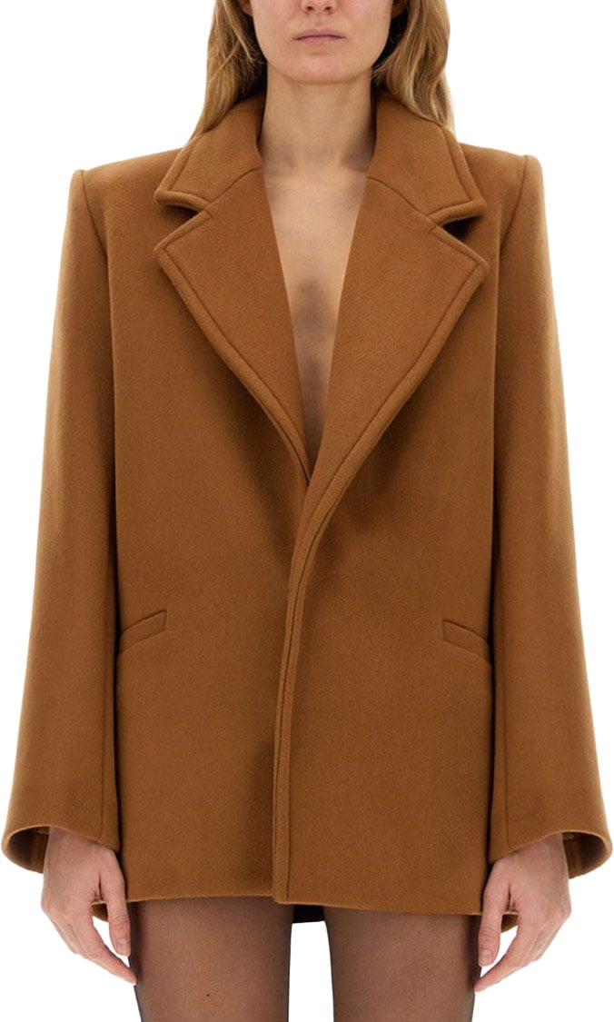 Saint Laurent Structured Short Wool Coat With Wide Lapels Bruin