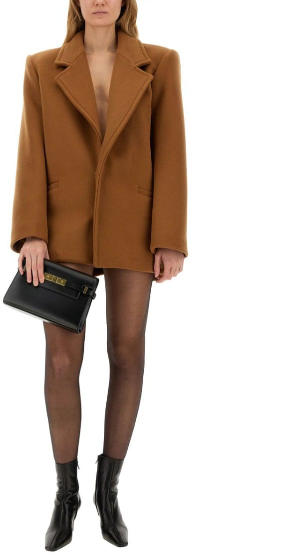 Saint Laurent Structured Short Wool Coat With Wide Lapels Bruin