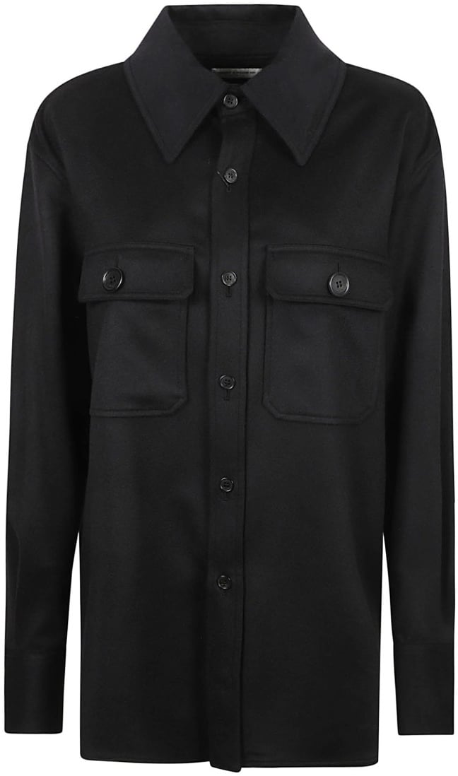 Saint Laurent Button-Up Black Cashmere Shirt With Chest Pockets Zwart