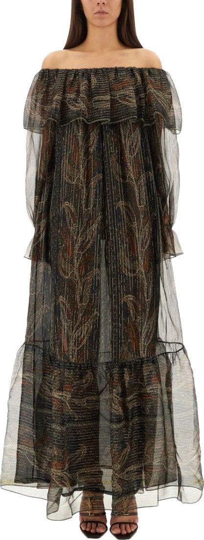 Saint Laurent Silk Lurex Creponne Dress Zwart