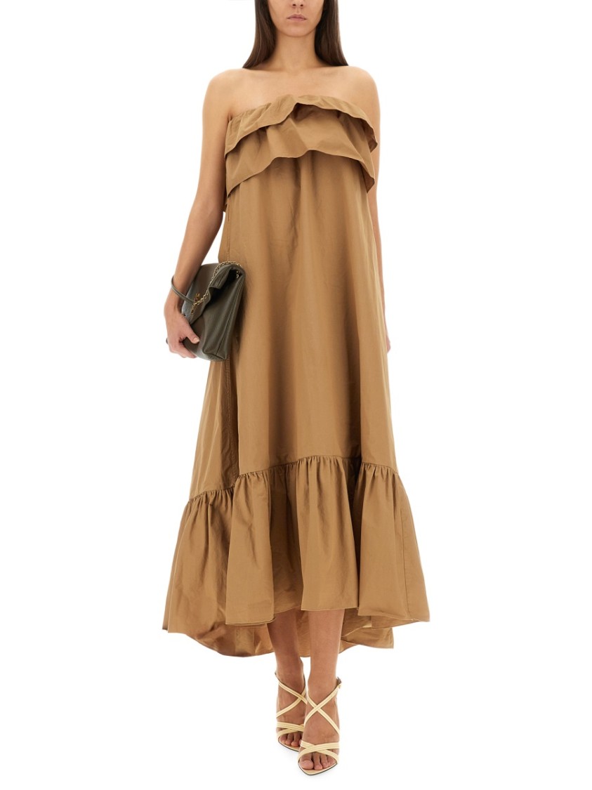 Saint Laurent Cotton Twill Ruffle Dress Bruin
