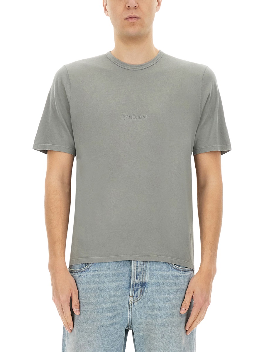 Saint Laurent Greyish-Green Cotton Relaxed T-Shirt Grijs