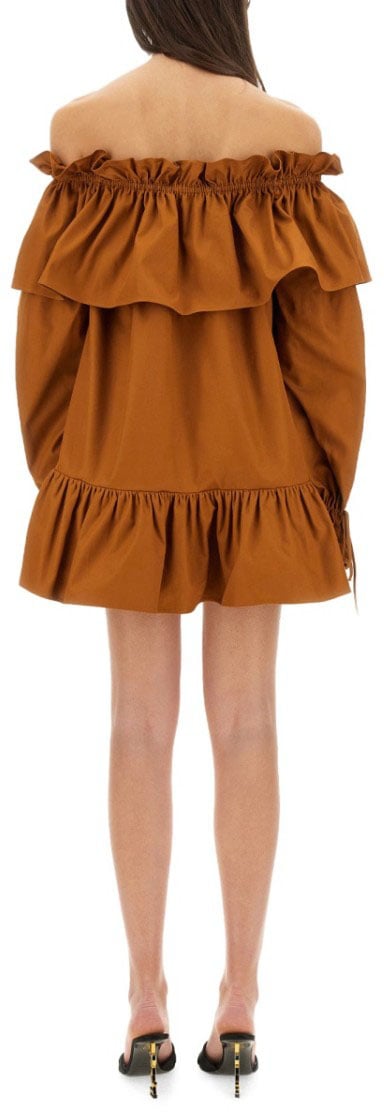 Saint Laurent Off-The-Shoulder Ruffled Sleeve Mini Dress Bruin