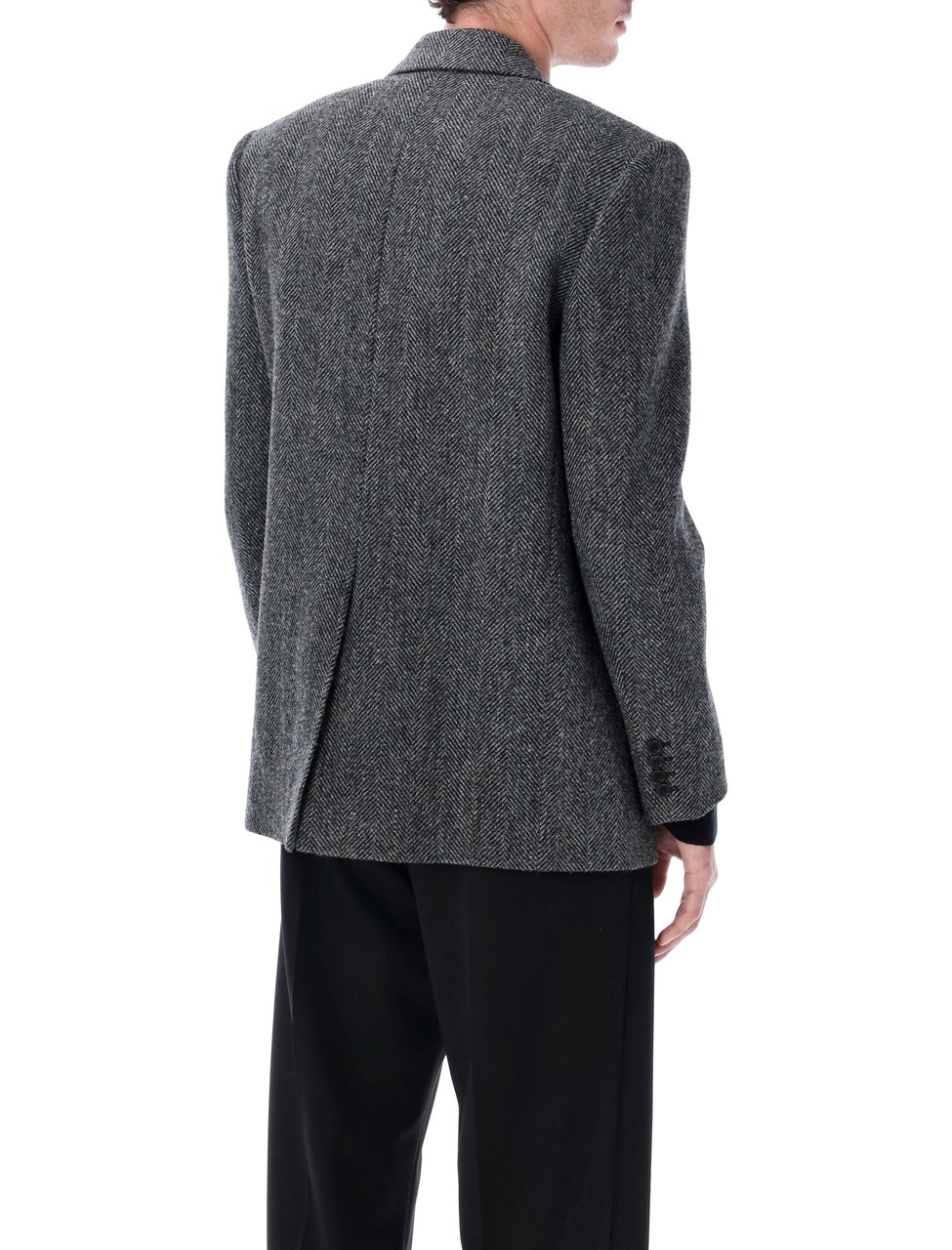 Saint Laurent Oversized Herringbone Wool Single Jacket Zwart
