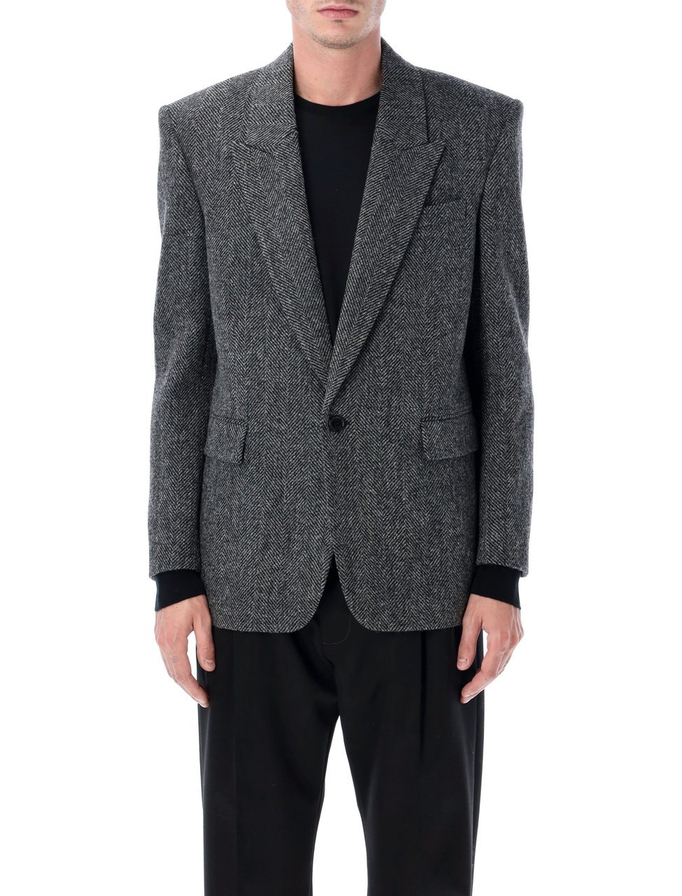 Saint Laurent Oversized Herringbone Wool Single Jacket Zwart