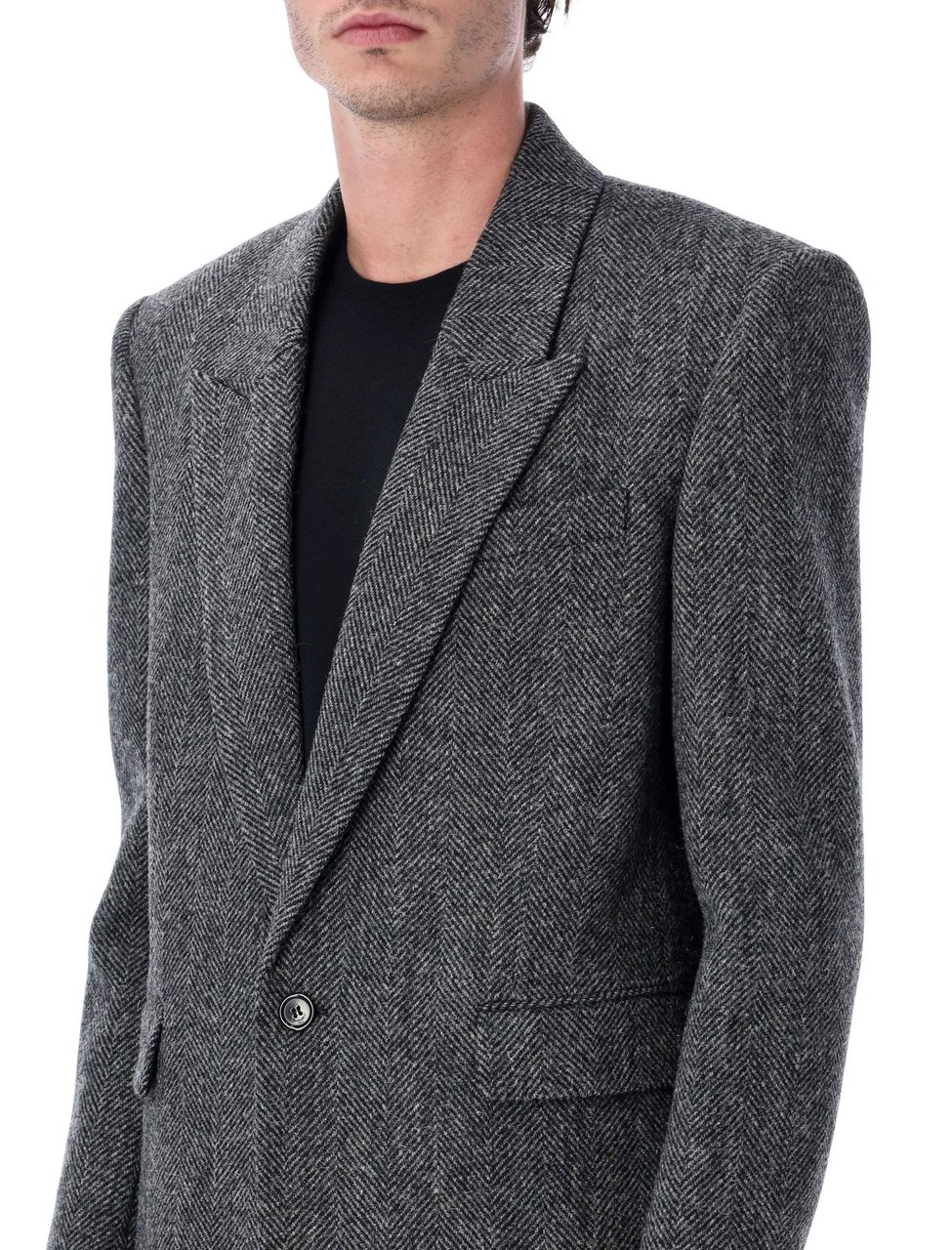 Saint Laurent Oversized Herringbone Wool Single Jacket Zwart