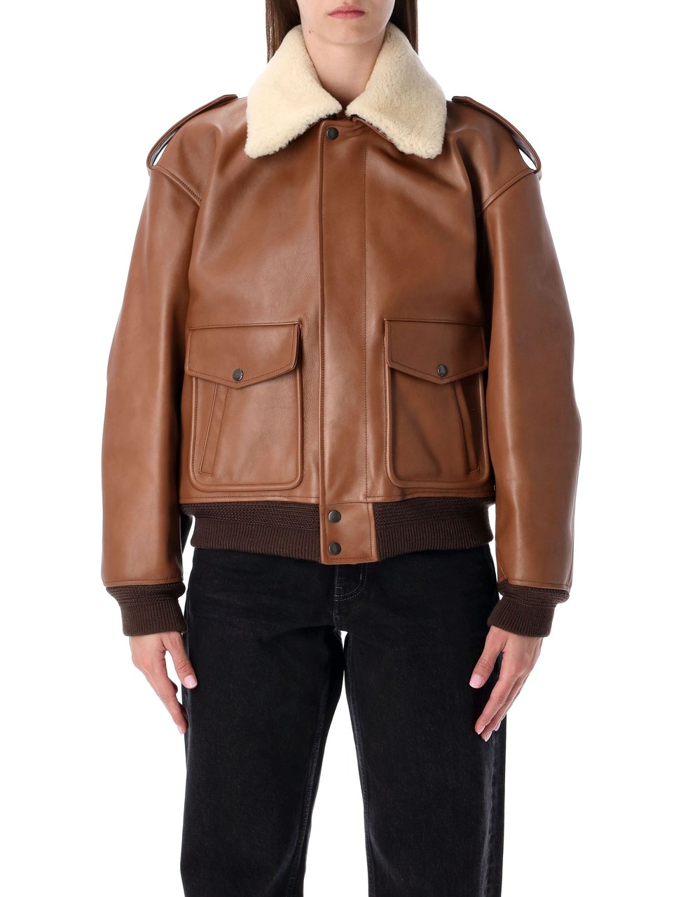 Saint Laurent Aviateur Brown Shearling Leather Bomber Bruin