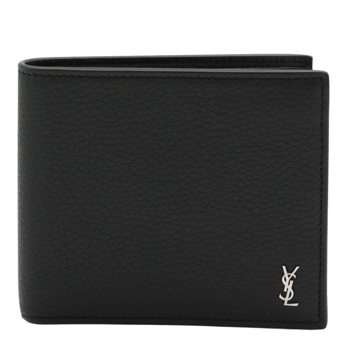 Saint Laurent Textured Black Leather Bifold Wallet With Metallic Logo Zwart