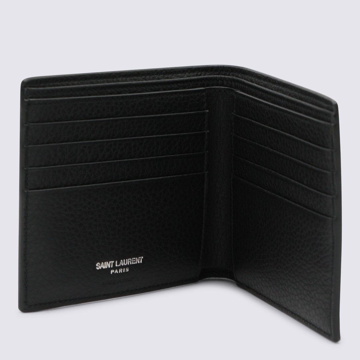 Saint Laurent Textured Black Leather Bifold Wallet With Metallic Logo Zwart