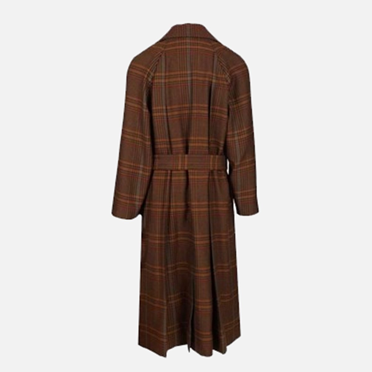 Saint Laurent Tailored Plaid Long Coat With Wide Collar And Belted Waist Zwart