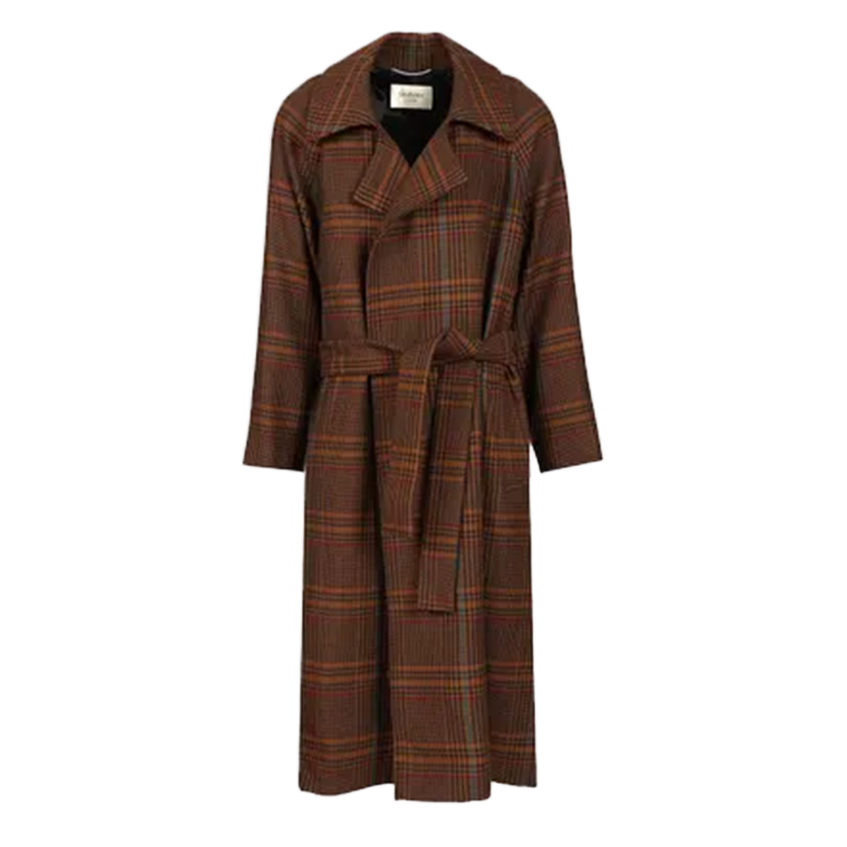 Saint Laurent Tailored Plaid Long Coat With Wide Collar And Belted Waist Zwart
