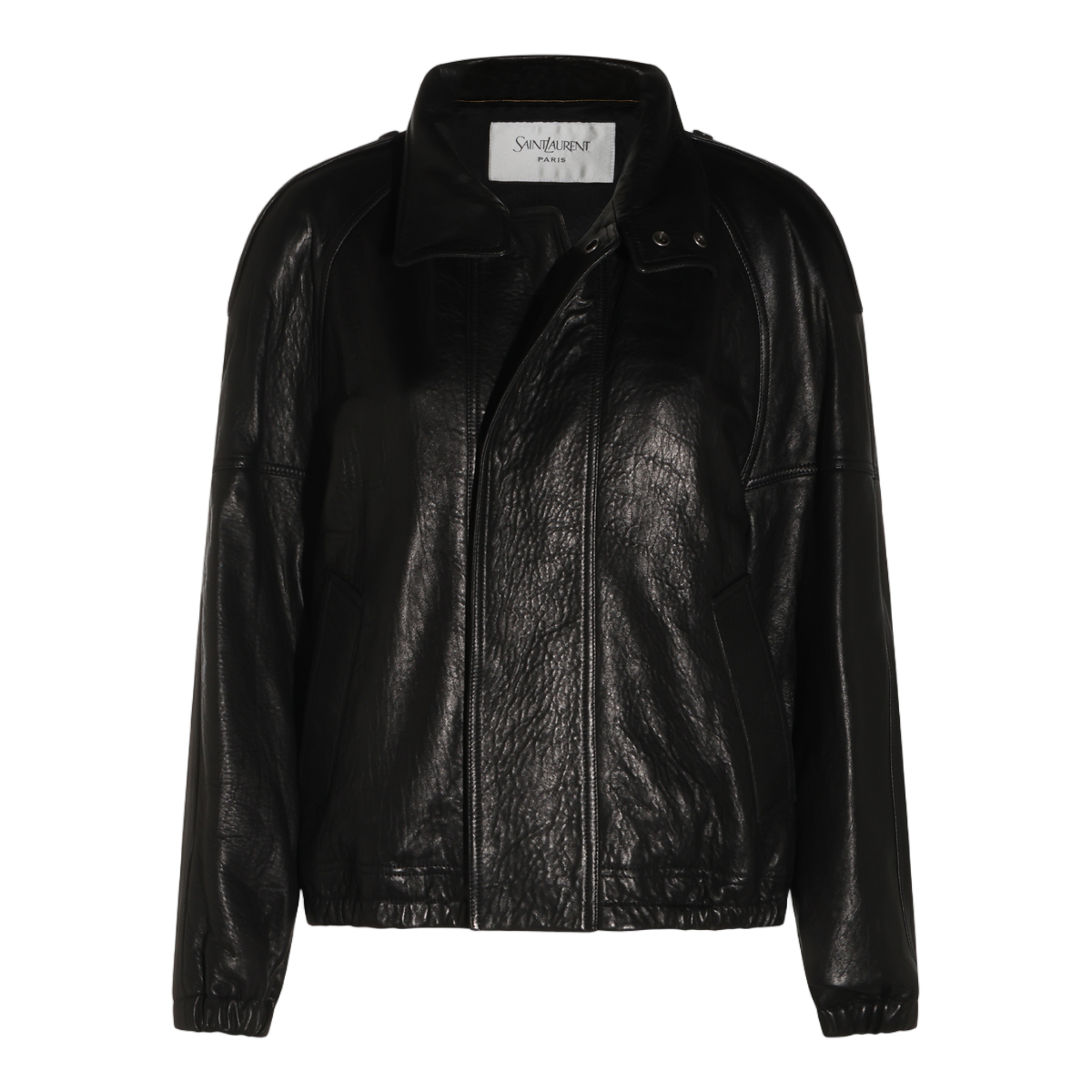 Saint Laurent Sleek Black Leather Jacket with Classic Collar Zwart