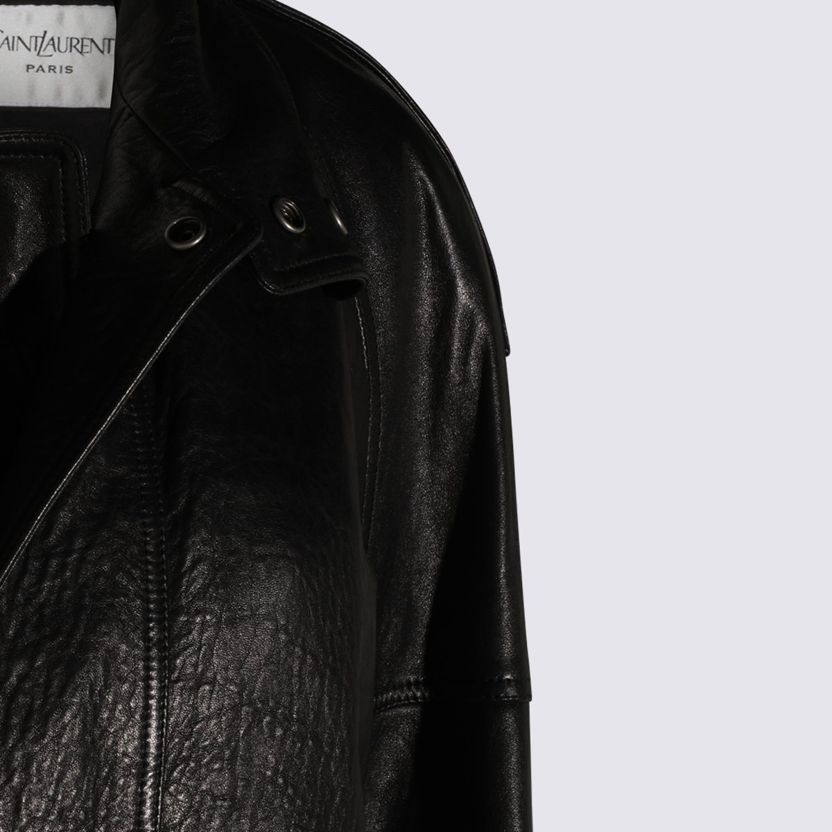 Saint Laurent Sleek Black Leather Jacket with Classic Collar Zwart