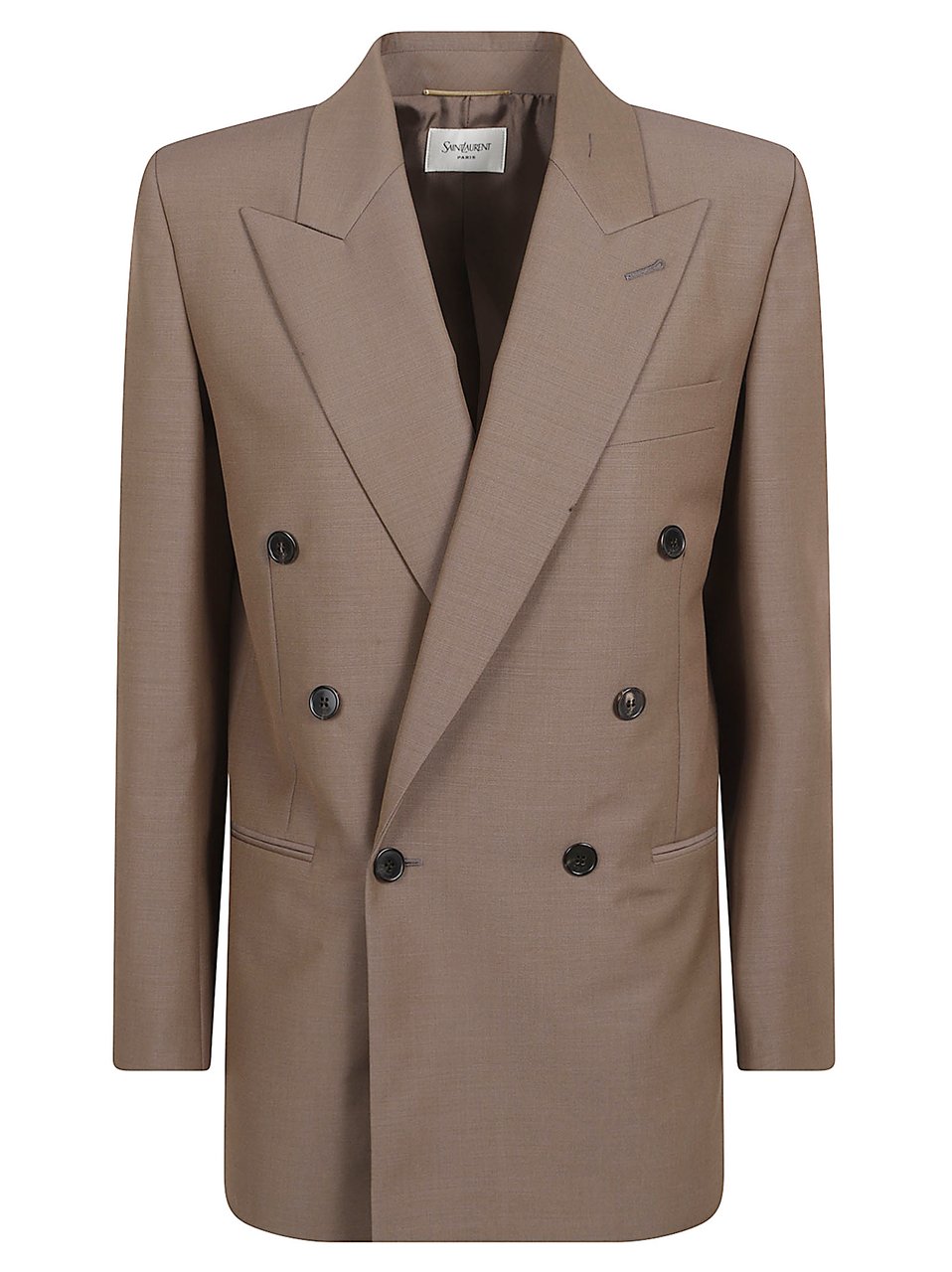 Saint Laurent Double-Breasted Boxy Jacket with Peak Lapel and Padded Shoulders Bruin