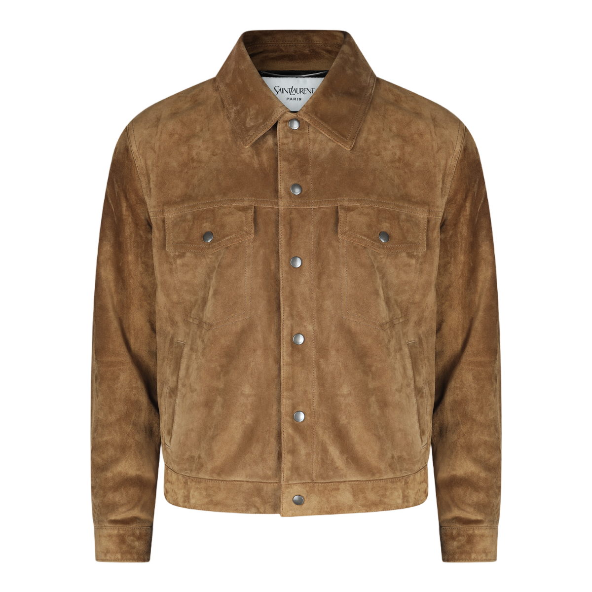 Saint Laurent Classic Brown Suede Jacket With Structured Collar And Snap Buttons Bruin