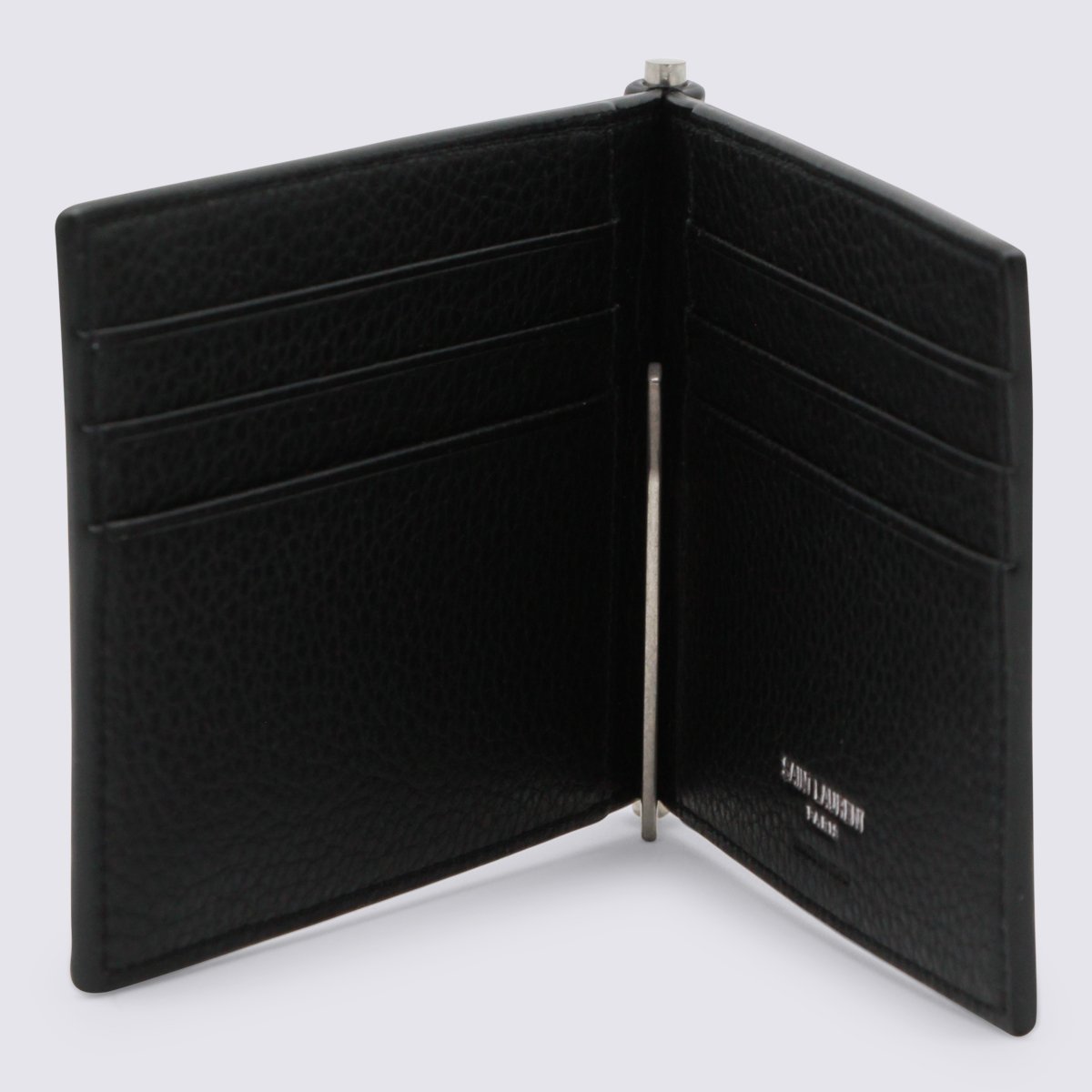 Saint Laurent Textured Leather Wallet With Metal Clip And Logo Emblem Zwart