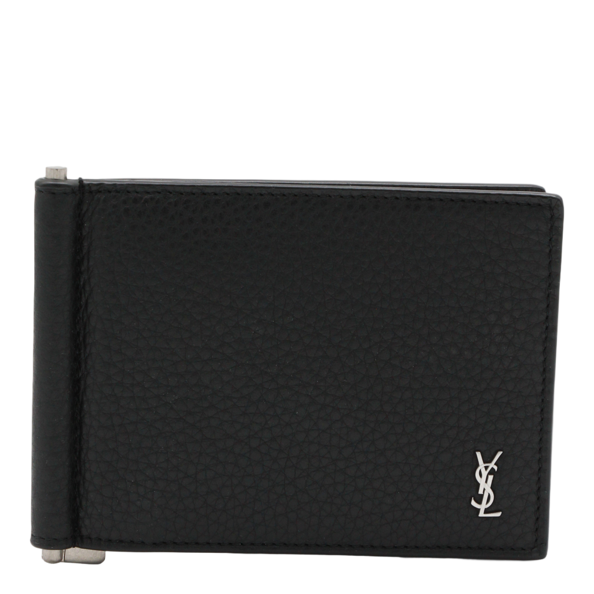 Saint Laurent Textured Leather Wallet With Metal Clip And Logo Emblem Zwart
