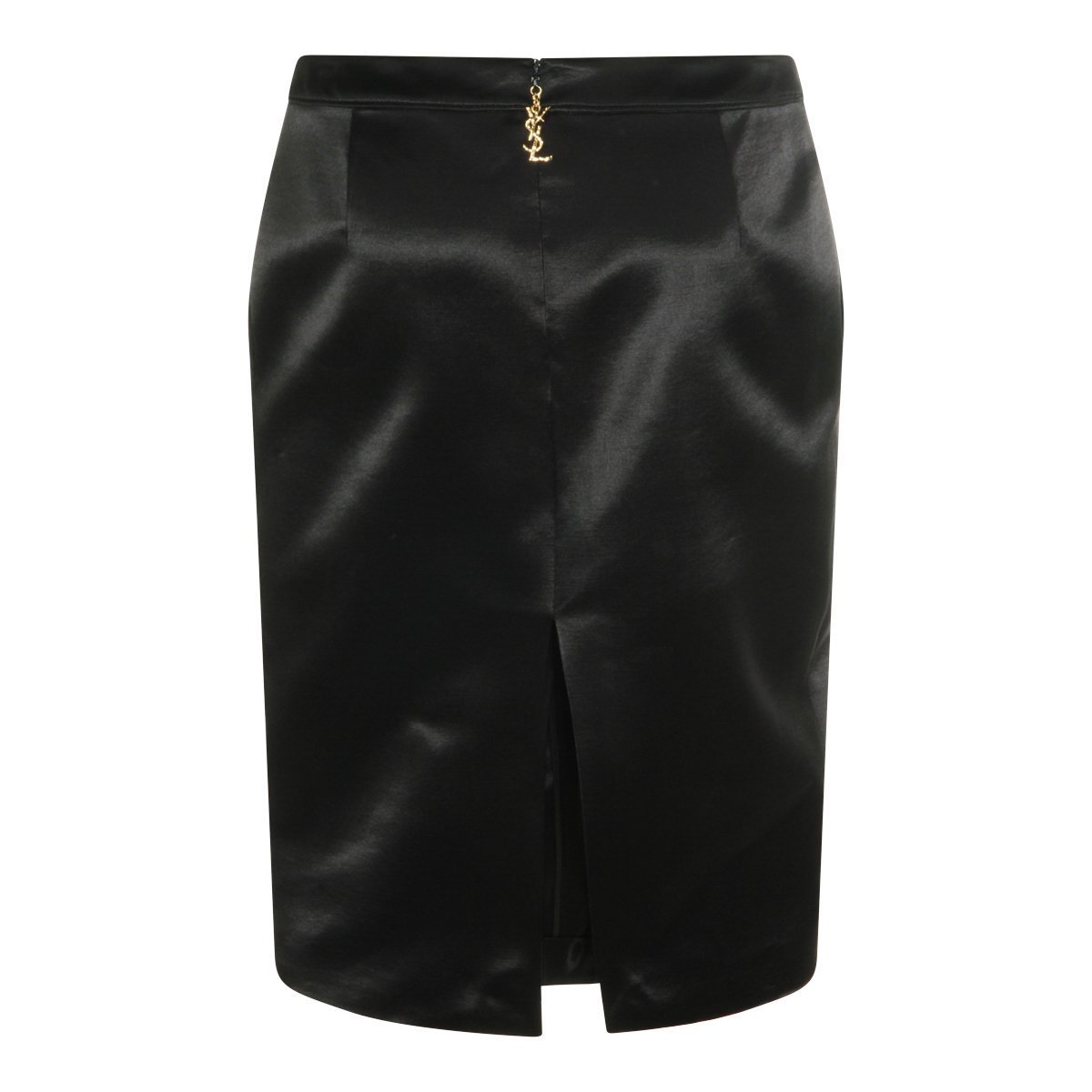 Saint Laurent Satin Finish Black Skirt With Pleated Waistband And Back Slit Zwart