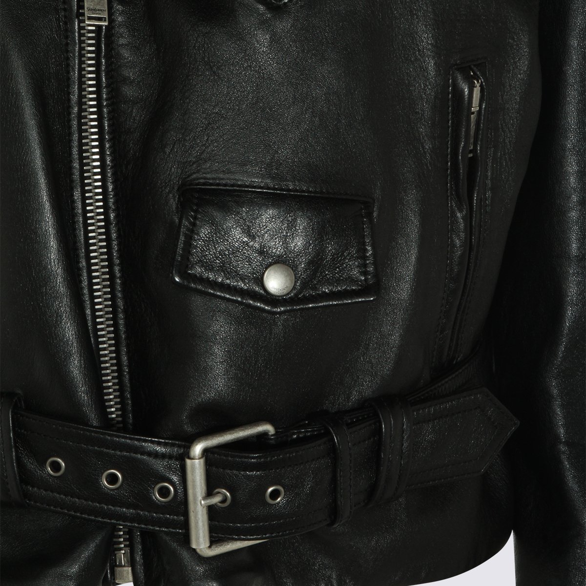 Saint Laurent Cropped Black Leather Jacket with Asymmetrical Zipper Zwart