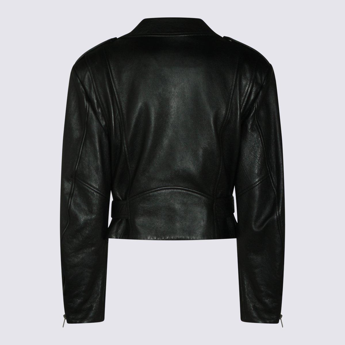 Saint Laurent Cropped Black Leather Jacket with Asymmetrical Zipper Zwart