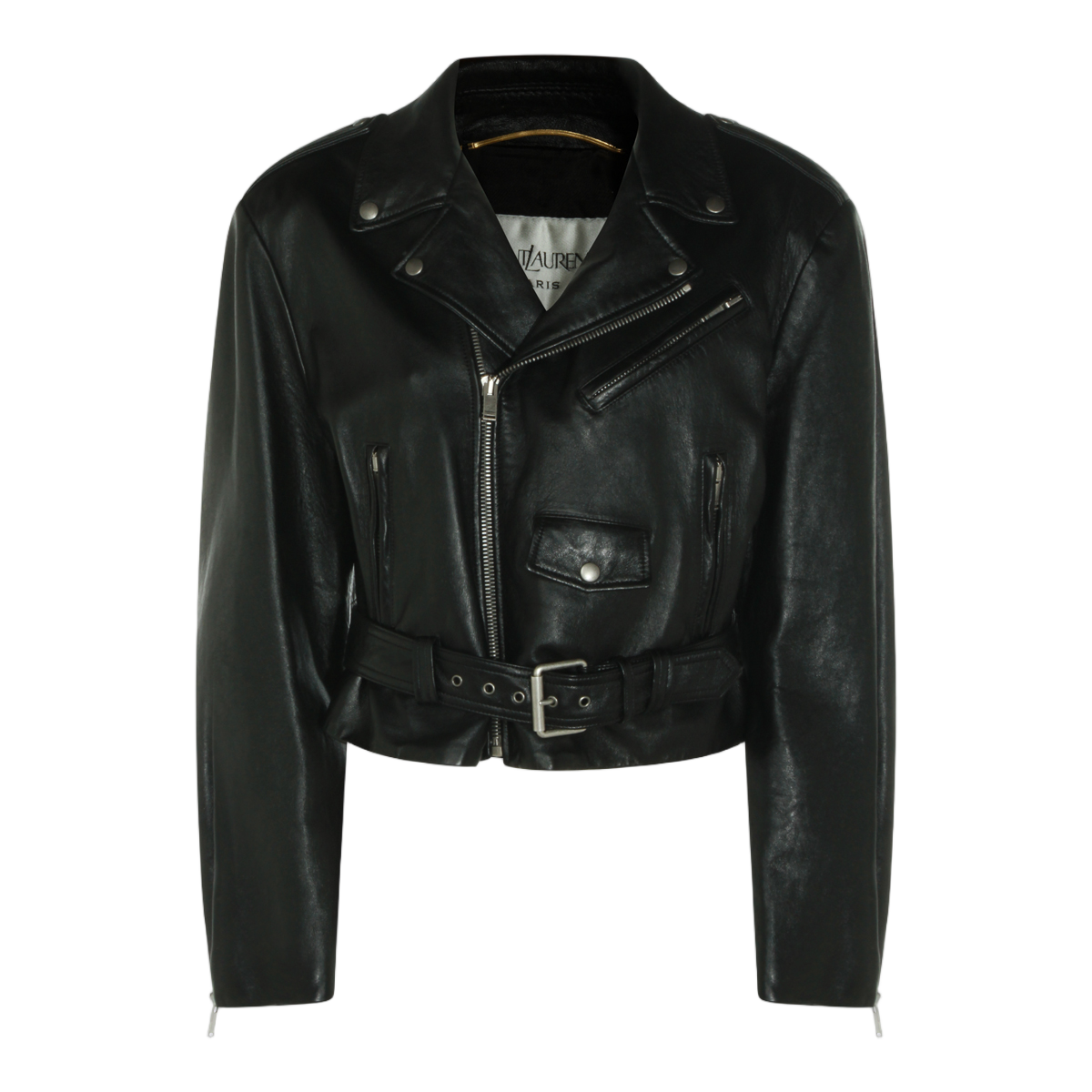 Saint Laurent Cropped Black Leather Jacket with Asymmetrical Zipper Zwart