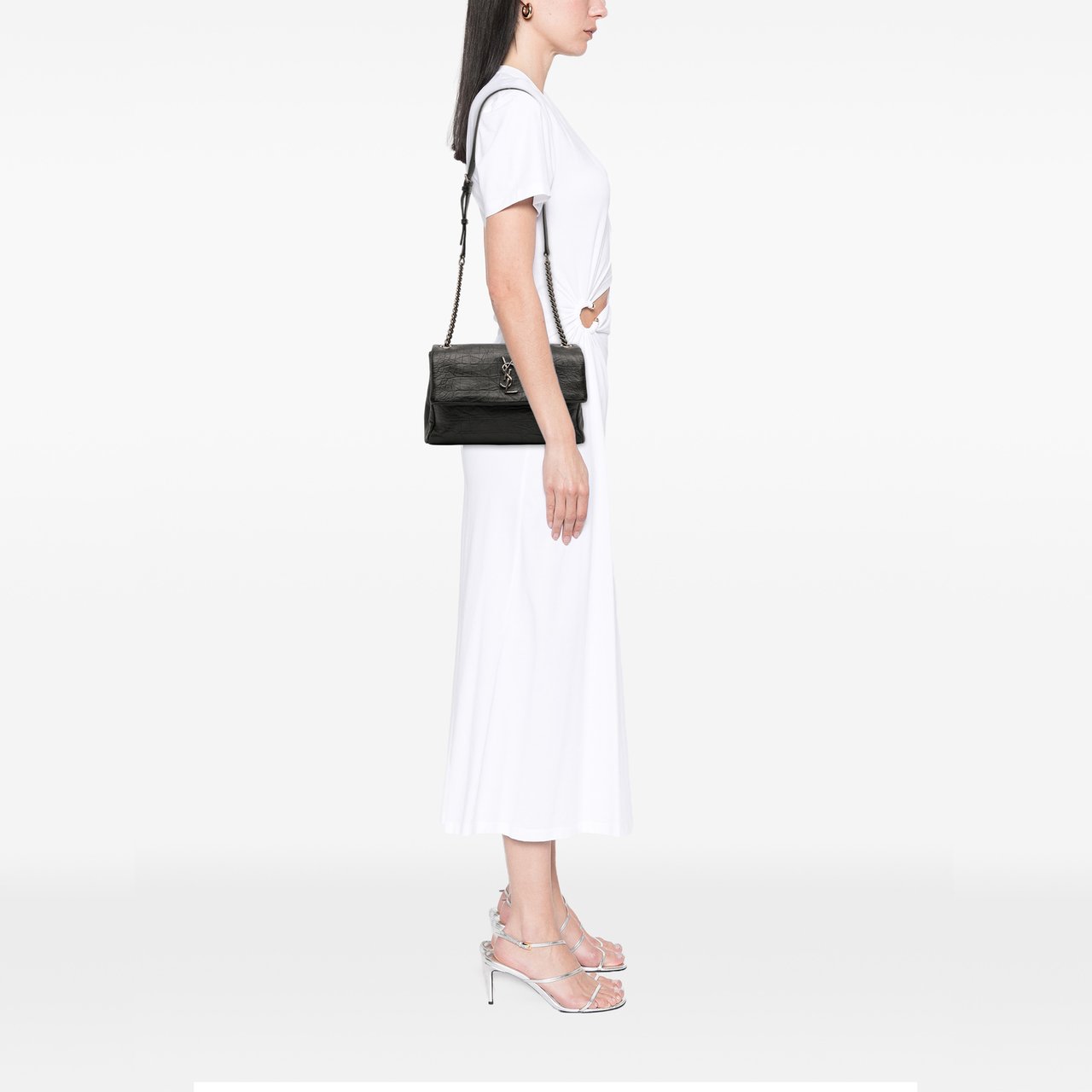 Saint Laurent Medium Croc Embossed Calfskin Monogram West Hollywood Crossbody Zwart