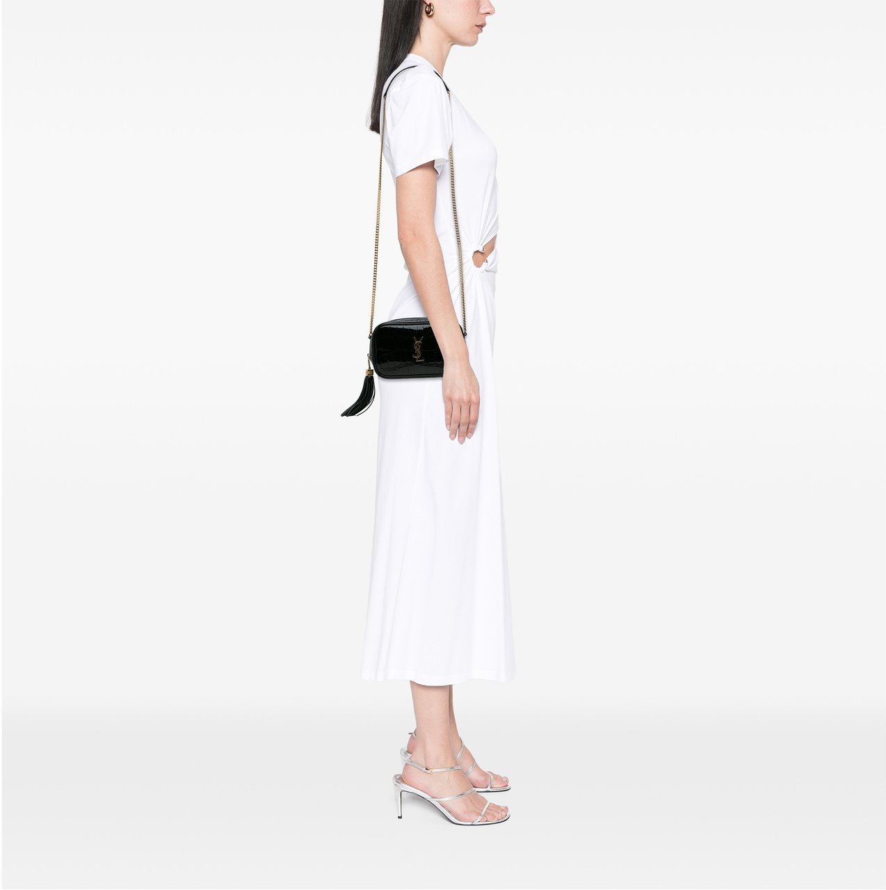 Saint Laurent Mini Croc Embossed Patent Monogram Lou Camera Bag Zwart