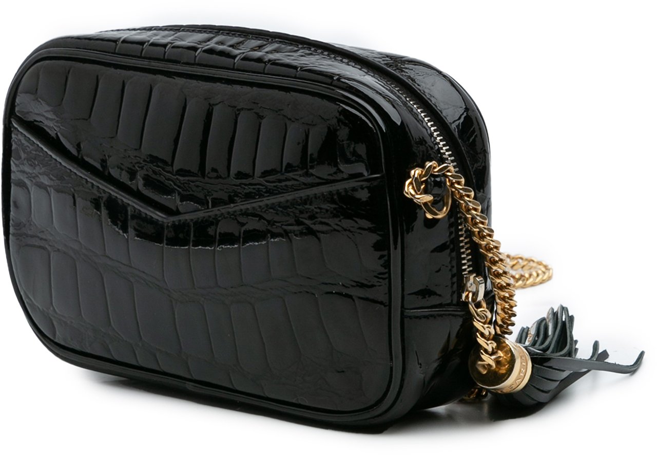 Saint Laurent Mini Croc Embossed Patent Monogram Lou Camera Bag Zwart