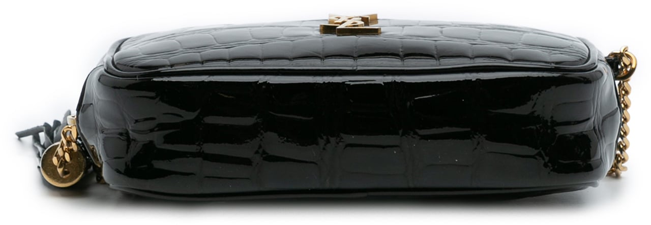 Saint Laurent Mini Croc Embossed Patent Monogram Lou Camera Bag Zwart