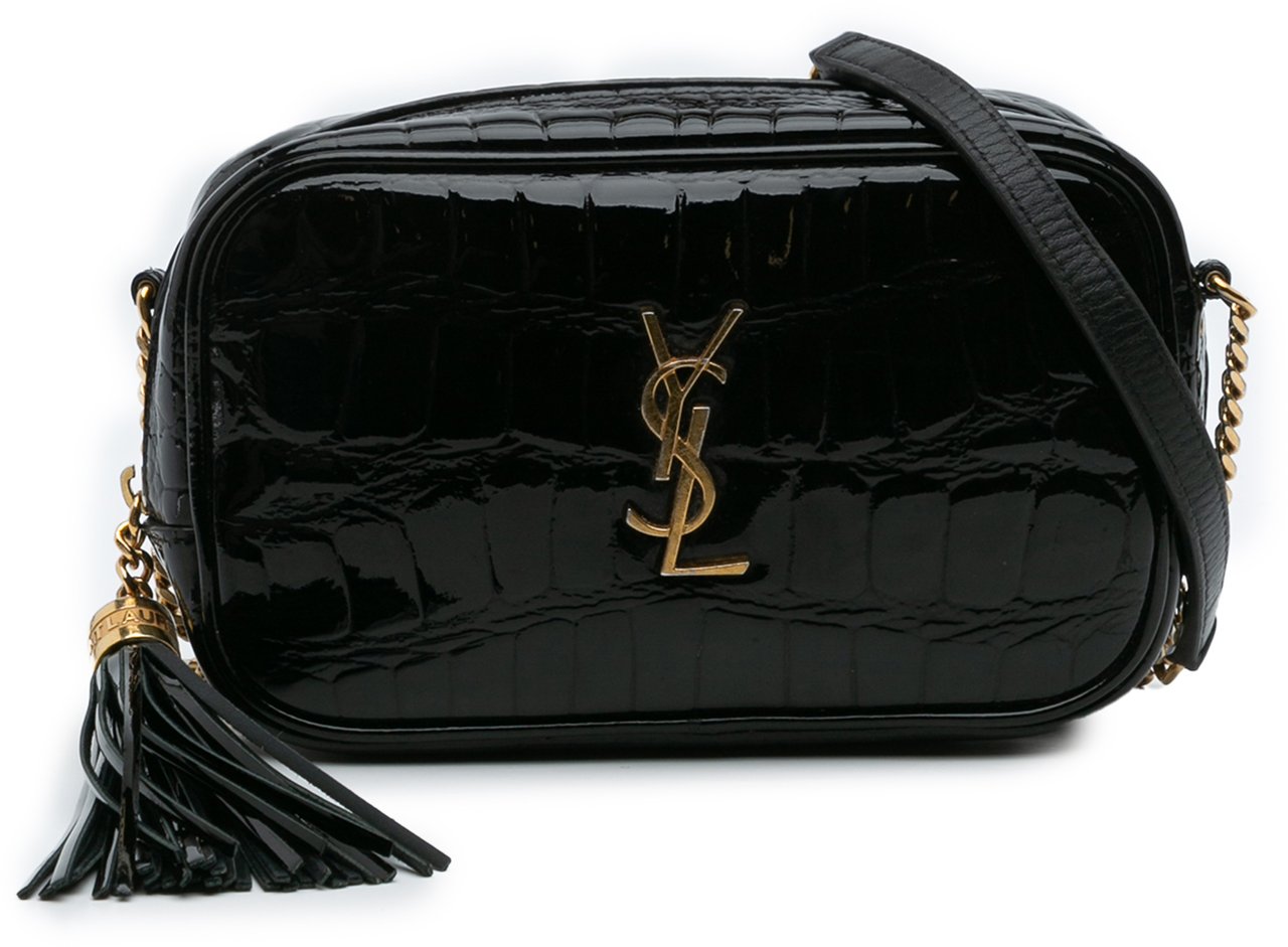 Saint Laurent Mini Croc Embossed Patent Monogram Lou Camera Bag Zwart