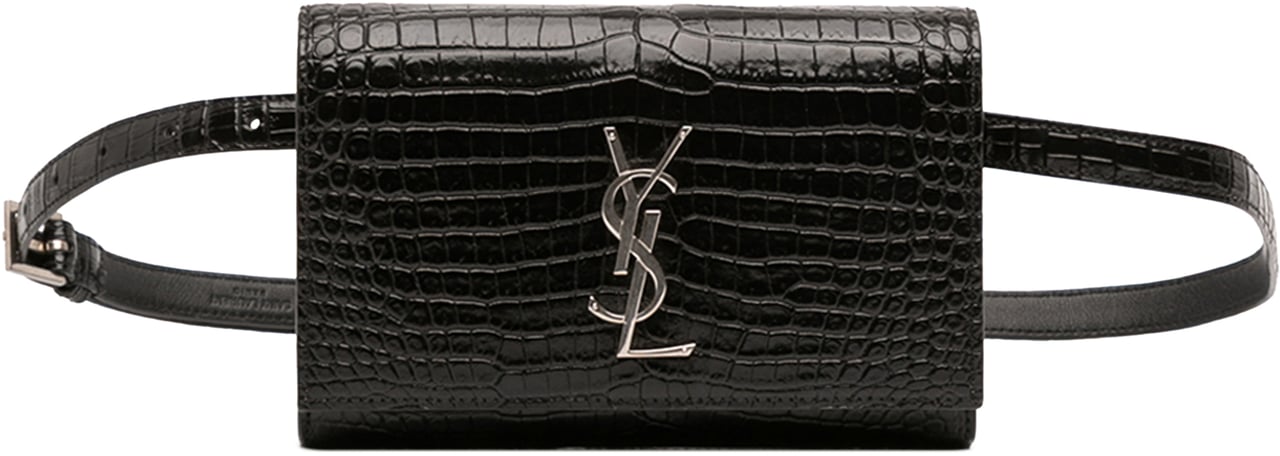 Saint Laurent Croc Embossed Leather Monogram Kate Belt Bag Zwart