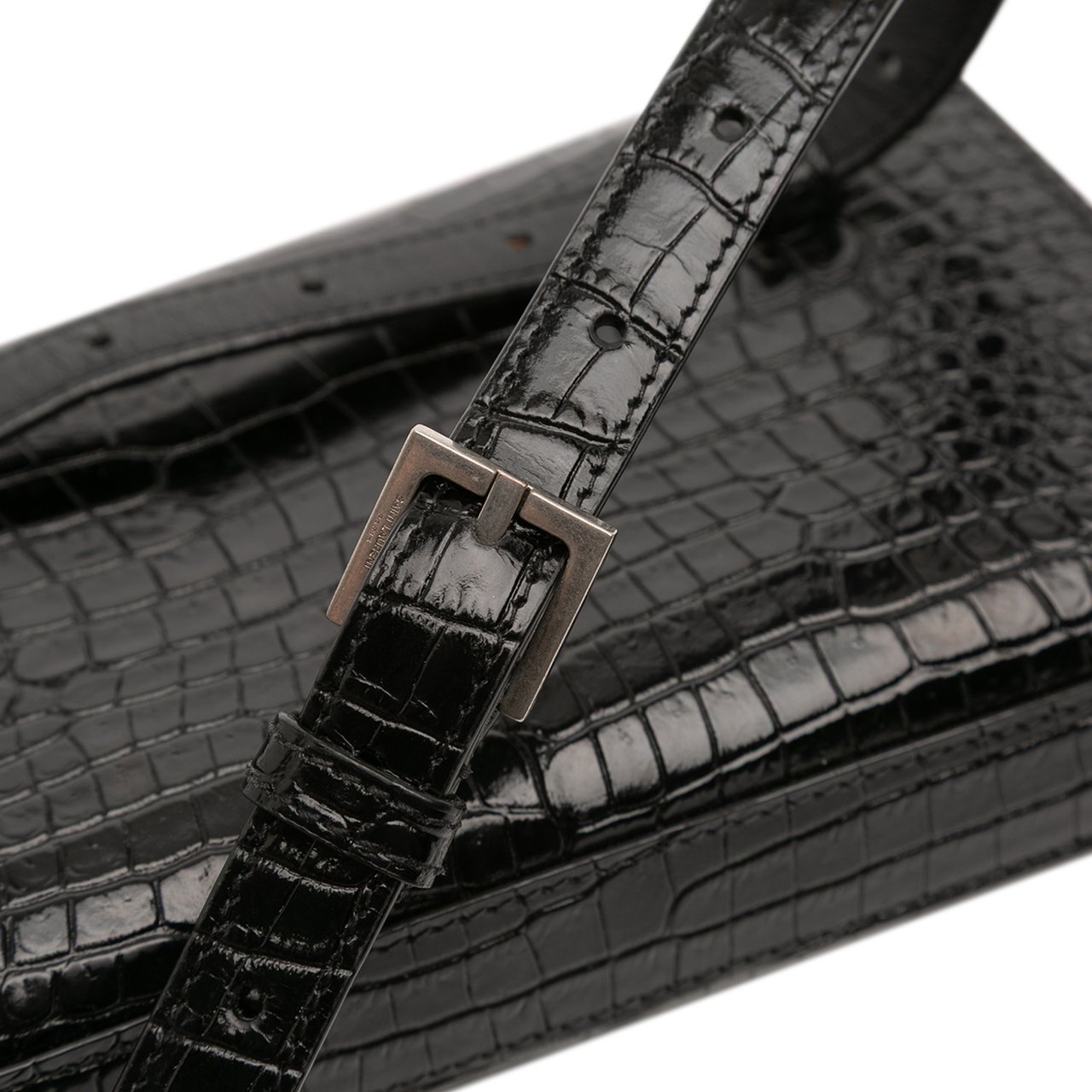 Saint Laurent Croc Embossed Leather Monogram Kate Belt Bag Zwart