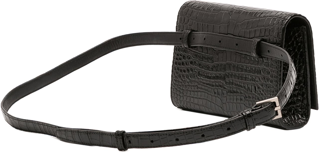Saint Laurent Croc Embossed Leather Monogram Kate Belt Bag Zwart