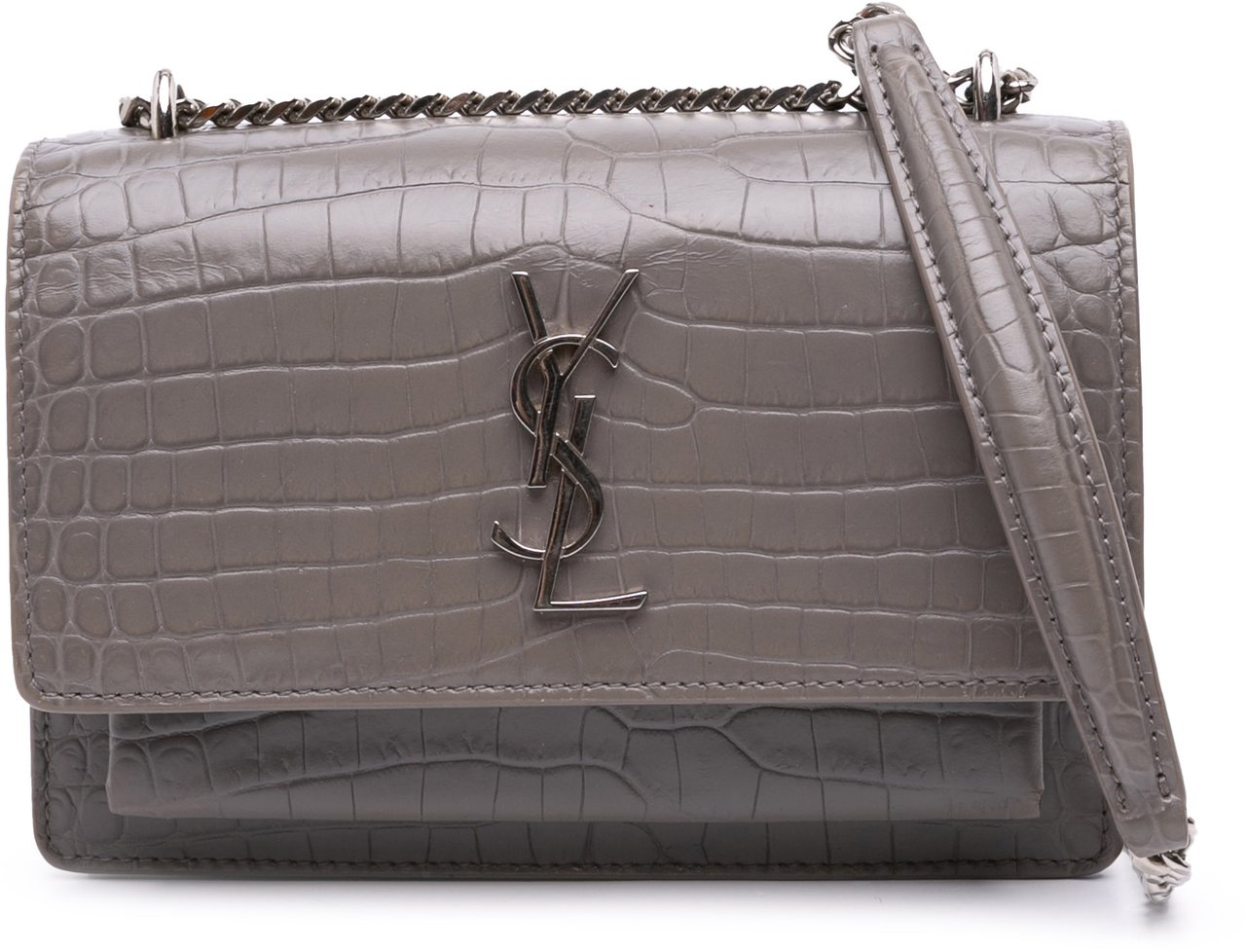 Saint Laurent Croc Embossed Leather Monogram Sunset Chain Wallet Grijs