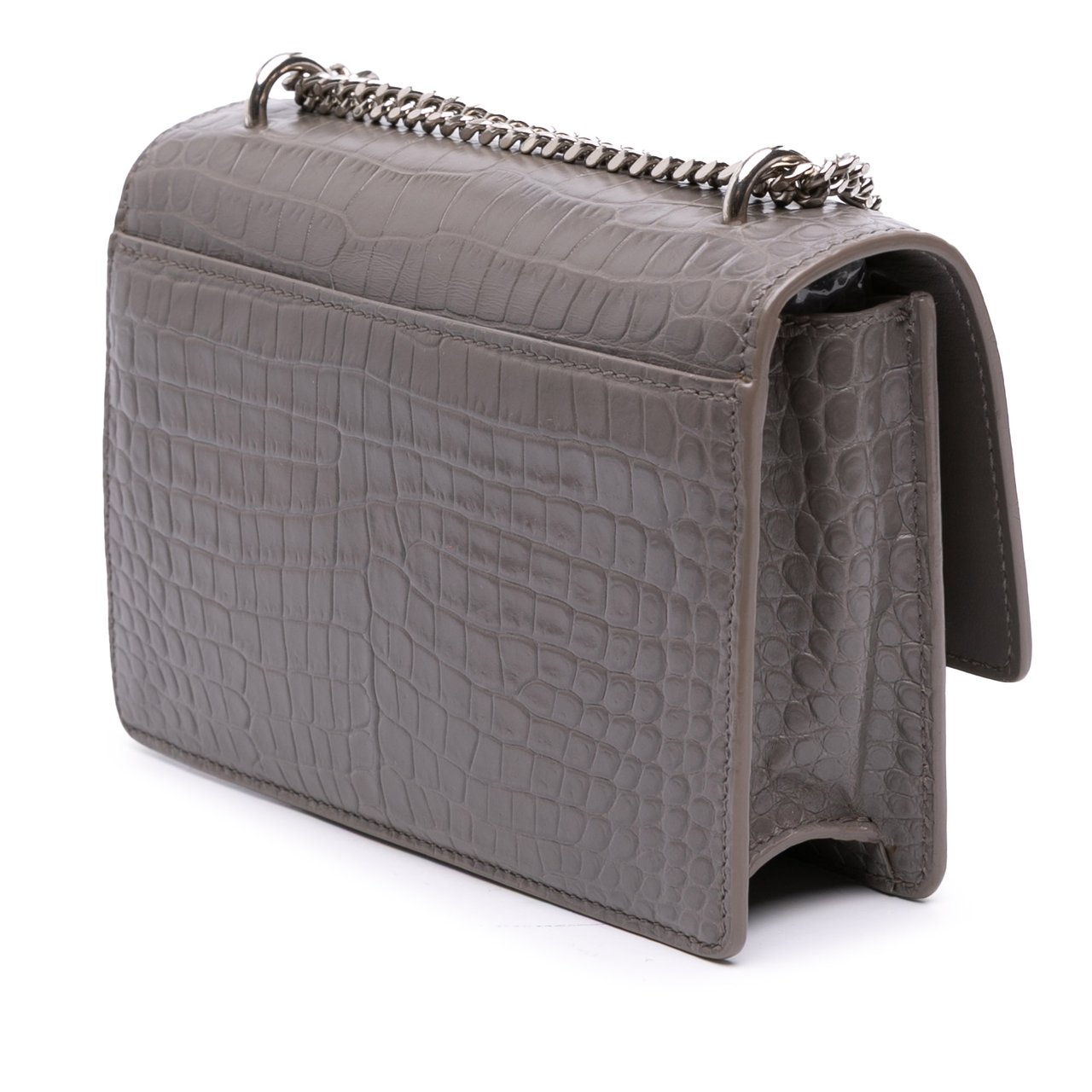 Saint Laurent Croc Embossed Leather Monogram Sunset Chain Wallet Grijs