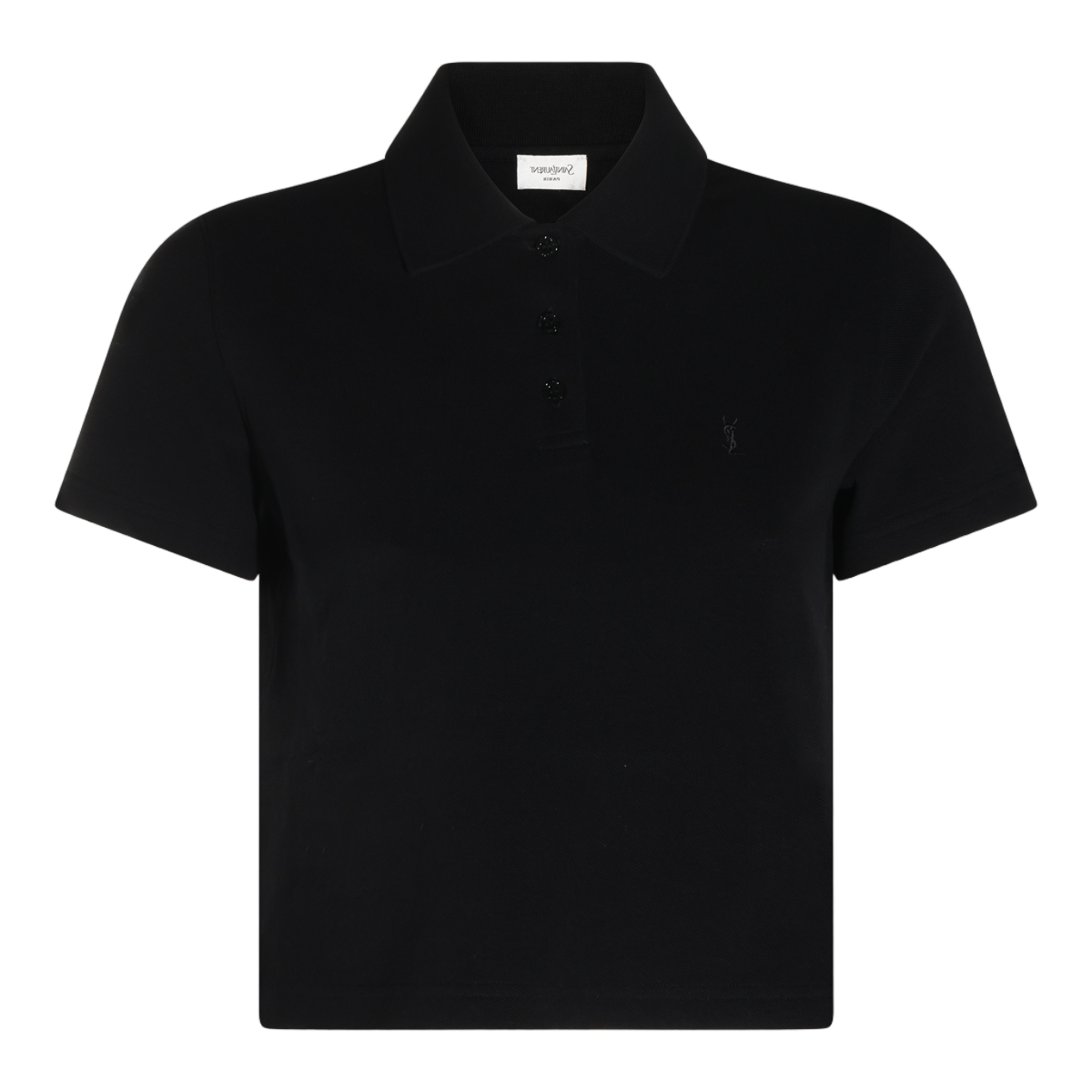 Saint Laurent Cropped Black Polo Shirt With Traditional Collar And Embroidered Logo Zwart