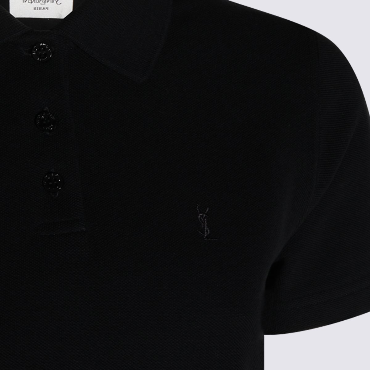 Saint Laurent Cropped Black Polo Shirt With Traditional Collar And Embroidered Logo Zwart