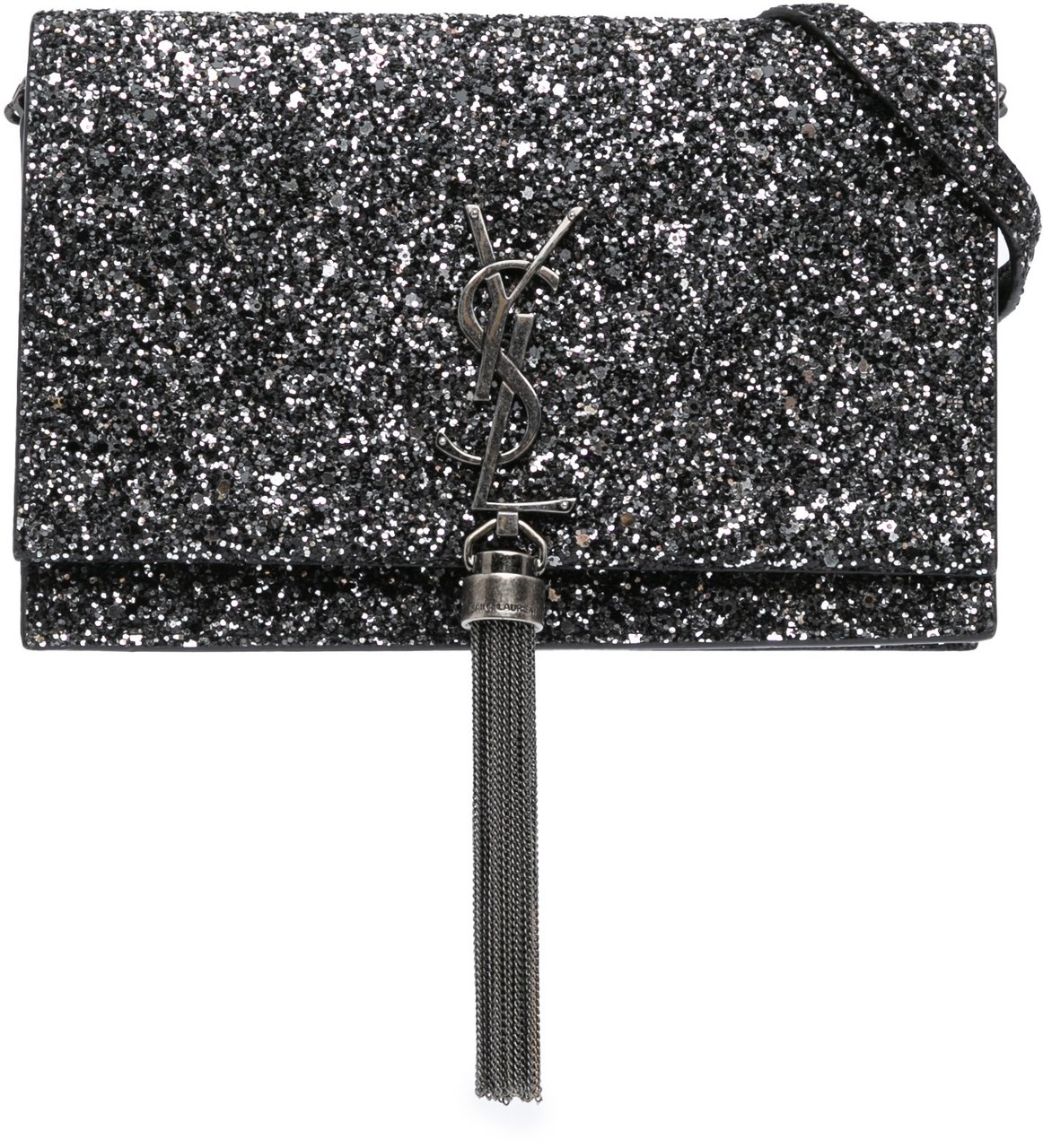 Saint Laurent Metallic Glitter Monogram Kate Tassel Chain Wallet Zwart
