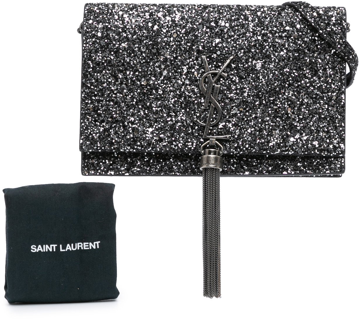 Saint Laurent Metallic Glitter Monogram Kate Tassel Chain Wallet Zwart