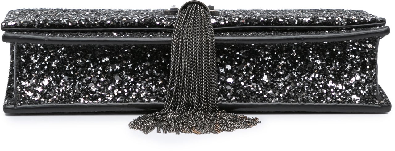 Saint Laurent Metallic Glitter Monogram Kate Tassel Chain Wallet Zwart