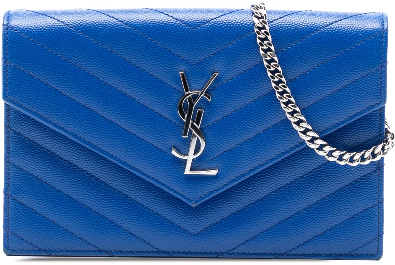 Saint Laurent Grain De Poudre Chevron Monogram Envelope Chain Wallet Blauw