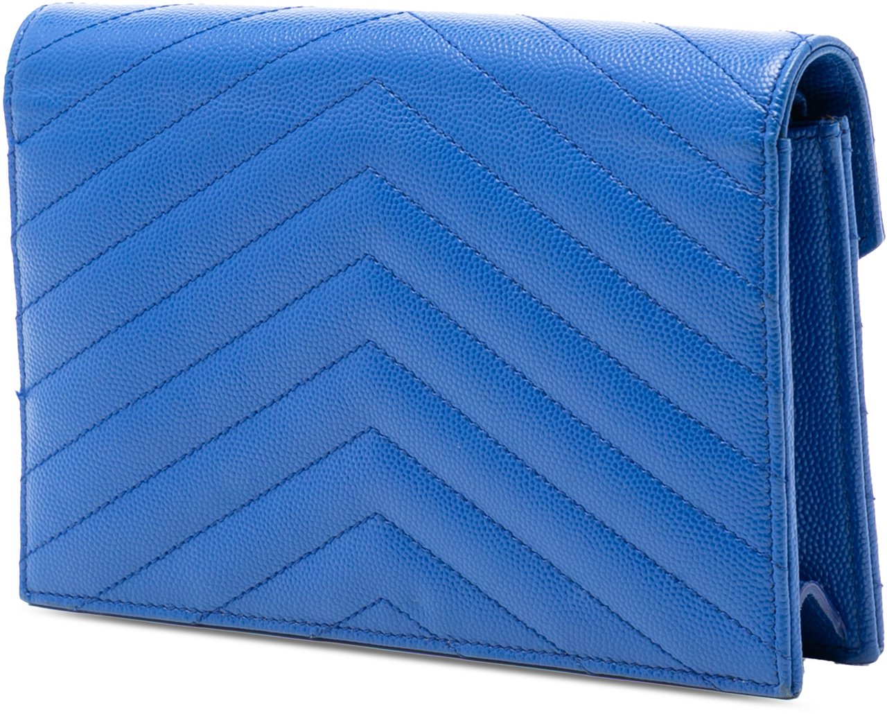 Saint Laurent Grain De Poudre Chevron Monogram Envelope Chain Wallet Blauw