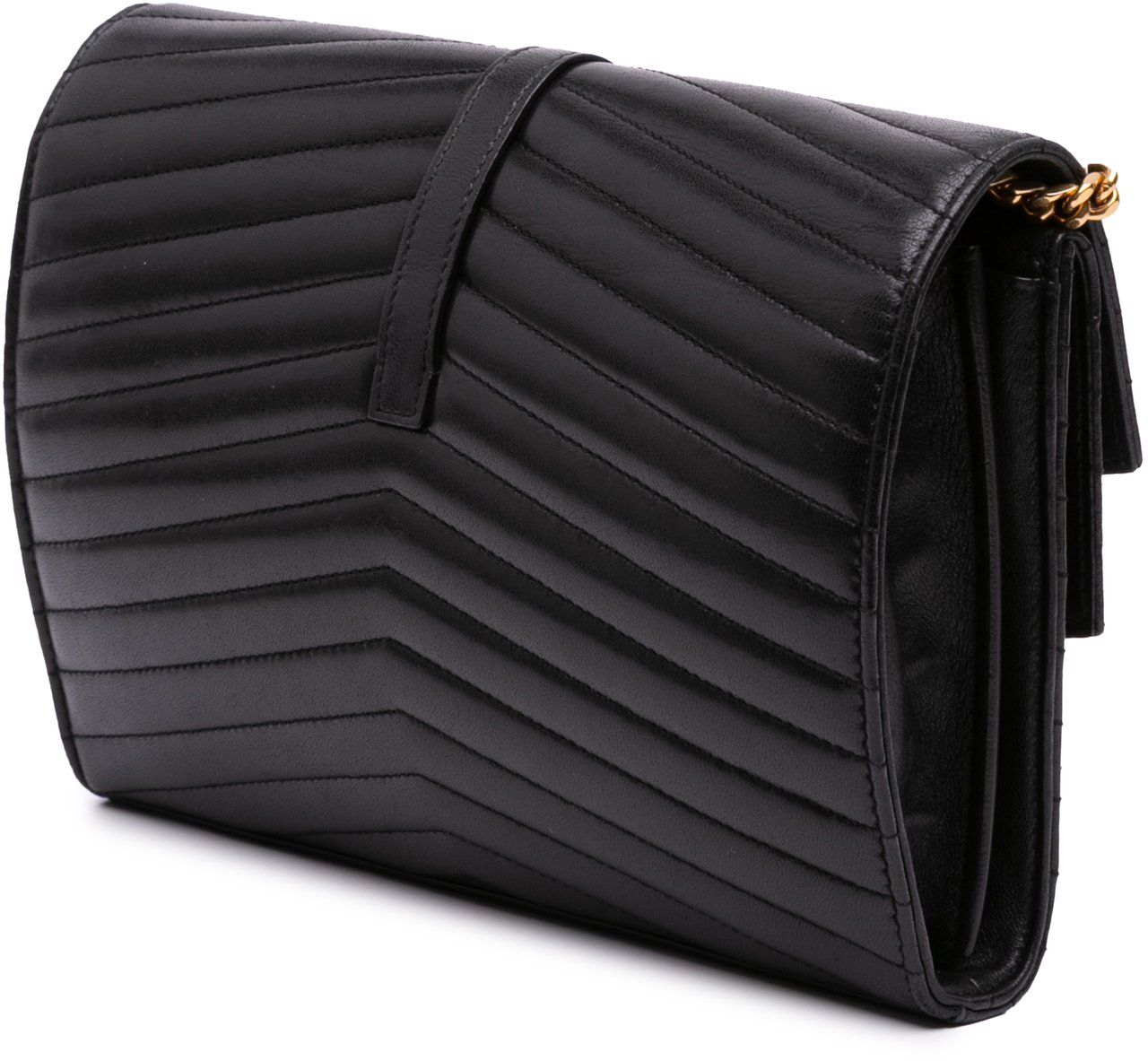 Saint Laurent Lambskin Chevron Monogram Sulpice Chain Wallet Zwart