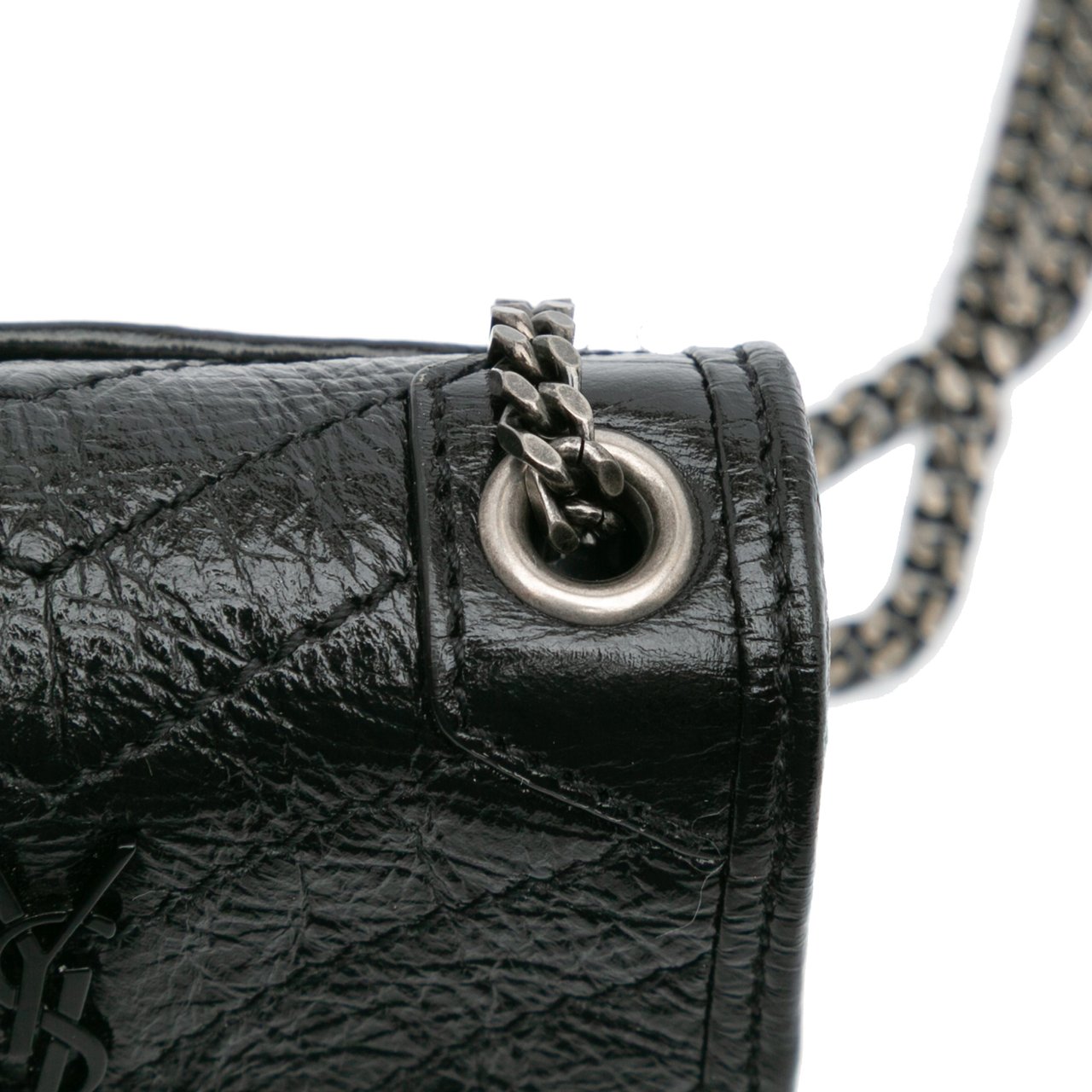 Saint Laurent Micro Crinkled Leather Niki Airpods Case with Chain Zwart