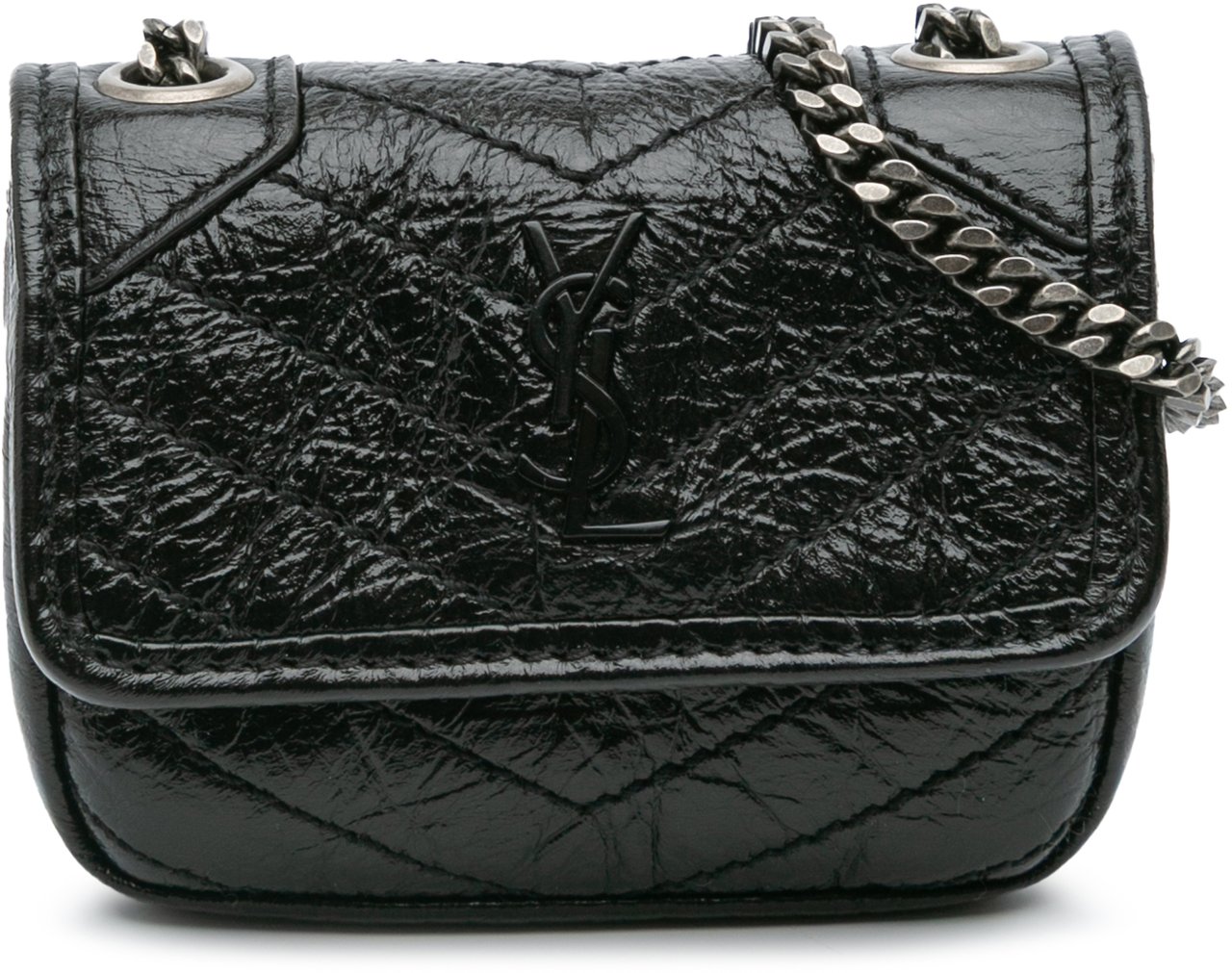 Saint Laurent Micro Crinkled Leather Niki Airpods Case with Chain Zwart