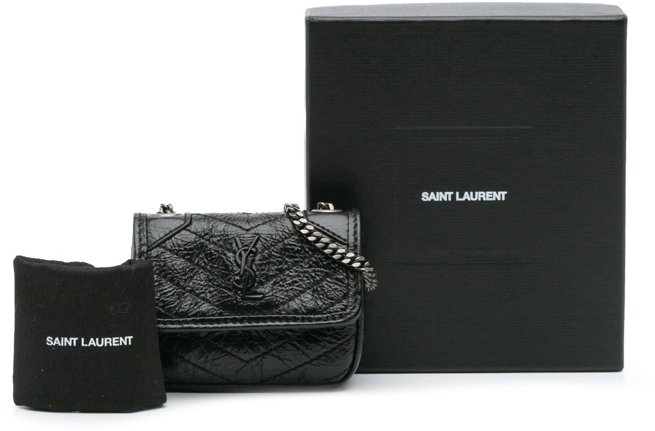 Saint Laurent Micro Crinkled Leather Niki Airpods Case with Chain Zwart